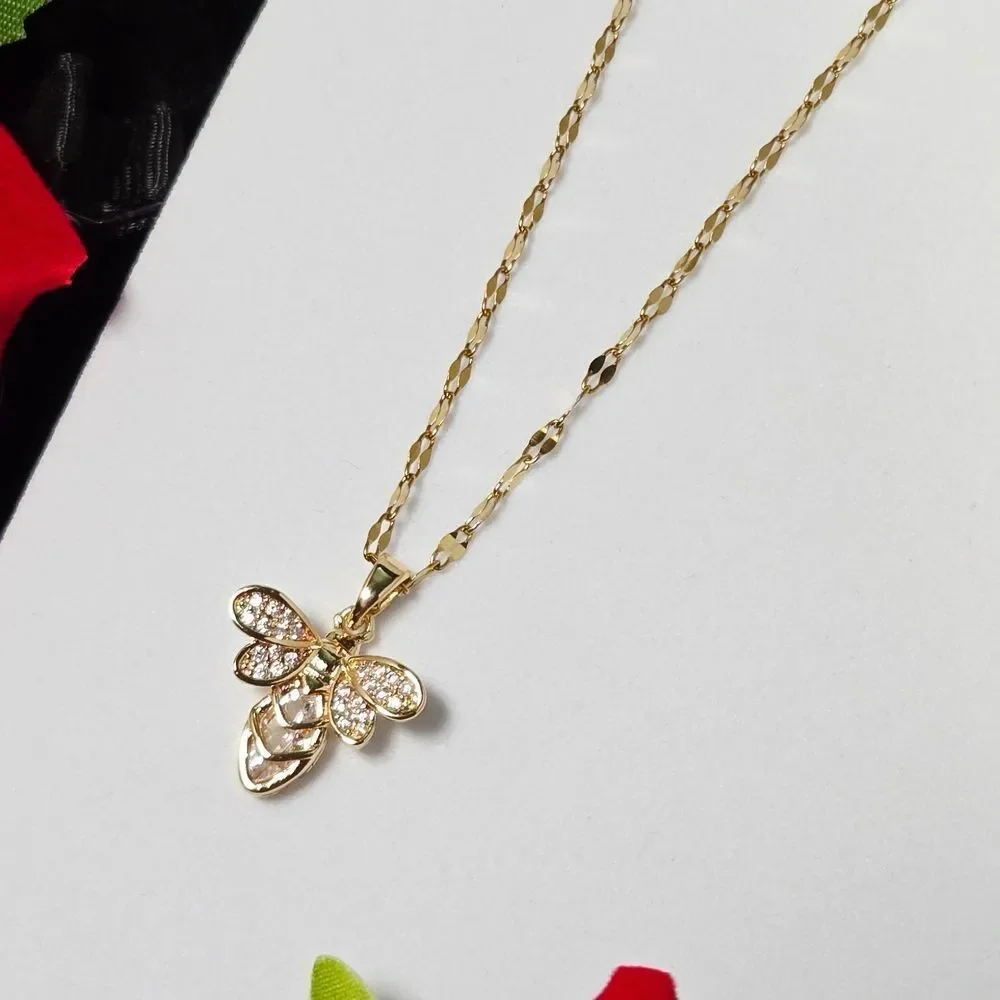 Elegant Gold Bee Pendant White CZ Stainless Steel Dainty Necklace Minimalist
